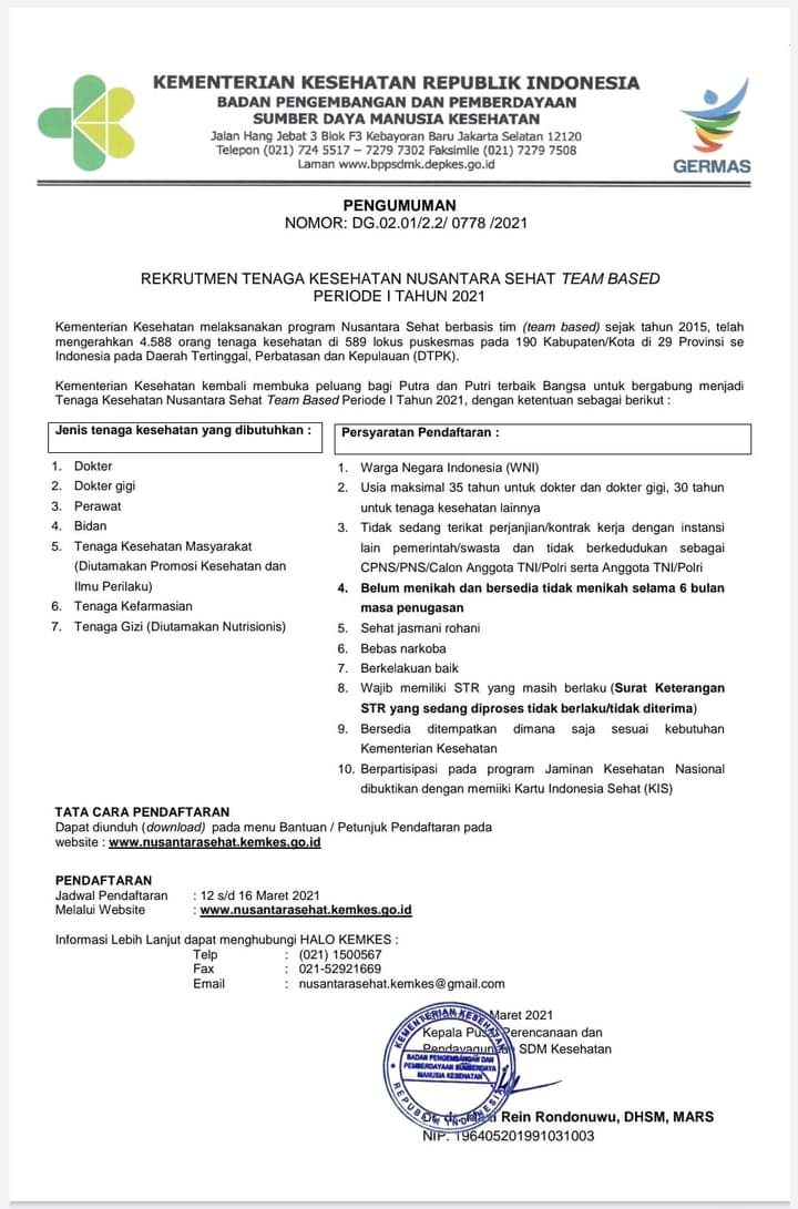 Rekruitmen Tenaga Kesehatan Nusantara Sehat Periode I Tahap 2021