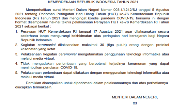 SE PEDOMAN TEKNIS PERINGATAN HARI ULANG TAHUN KE-76  KEMERDEKAAN REPUBLIK INDONESIA TAHUN 2021 